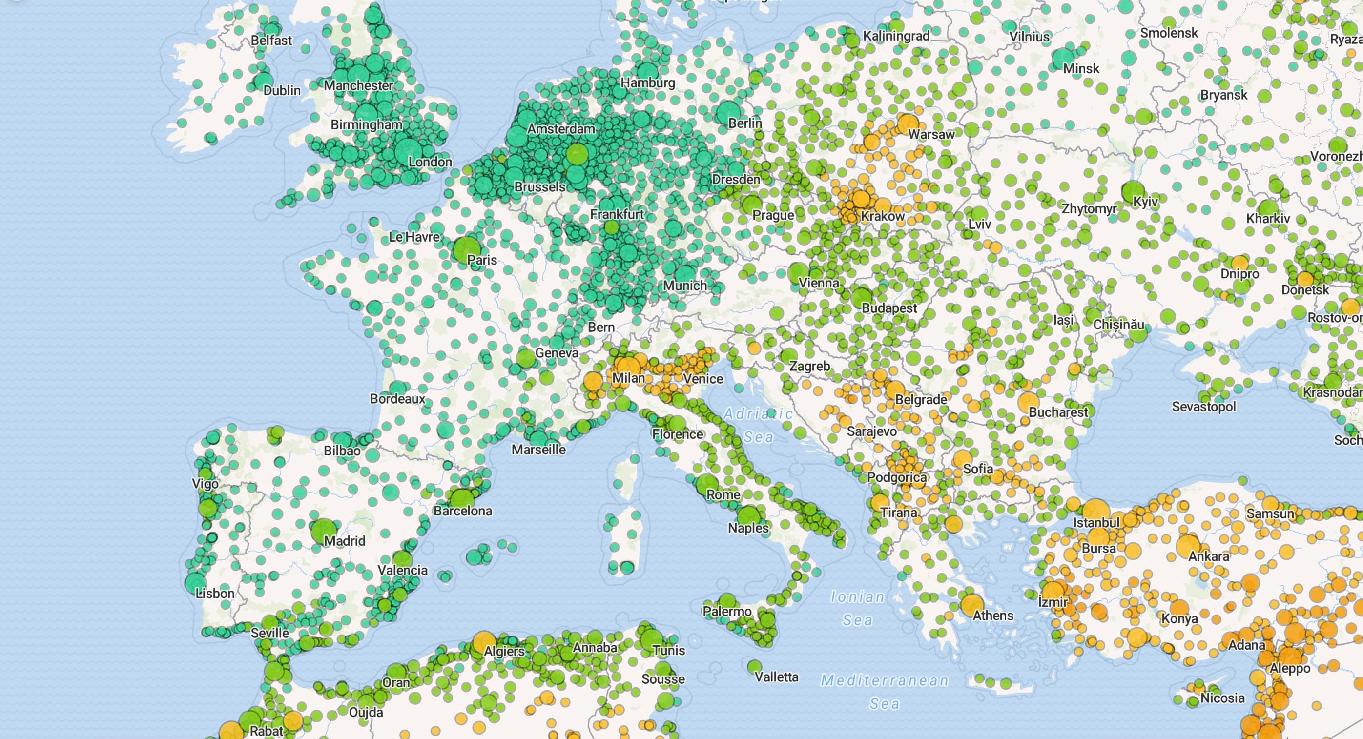 PM2.5 annual average across European cities